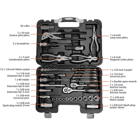 65 Piece General Household Tool Kit Set With Carry Case Durable Steel Tools Ergonomic Non Slip Handles Handy For Everyday DIY Projects And Basic Home Repairs