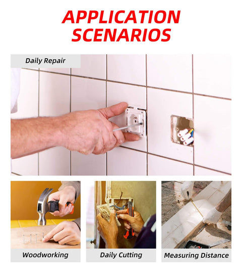 Application scenarios showing daily repair, woodworking, daily cutting, measuring distance with 15-Piece Household Tool Kit.