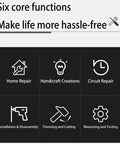 Infographic with six icons illustrating functions of 102 Piece Home Repair Tool Kit With Case For DIYers And Homeowners Essential Basic Hand Tools.