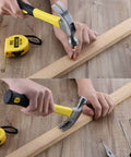 24 Piece Homeowner Tool Set With Portable Tool Bag For Everyday Home Fixes showing hammer and tape measure in use on wood