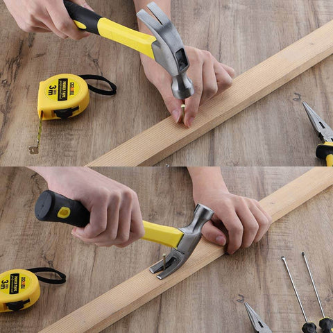 24 Piece Homeowner Tool Set With Portable Tool Bag For Everyday Home Fixes showing hammer and tape measure in use on wood