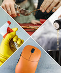 Collage of pruning scissors, hands using a spray bottle, tea being poured, and an orange wireless mouse.