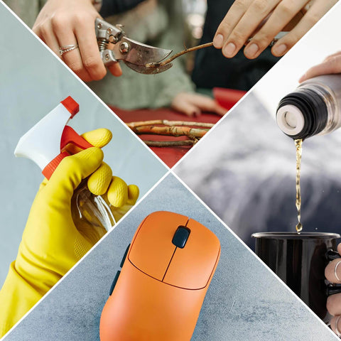 Collage of pruning scissors, hands using a spray bottle, tea being poured, and an orange wireless mouse.
