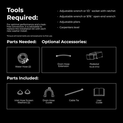 Installation tools and parts list for efficient 4.4 cu ft top load washer with a triple-action agitator, featuring Accela Wash cycles.