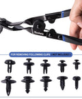 Universal Auto Trim Clip Removal Pliers For Car Doors And Interior Panels By Toolwiz Pro Grade Safe For Dash And Radio Installers No Scratch Fastener Tool For Upholstery Clips For Pros And DIYers, showing pliers and example clips.