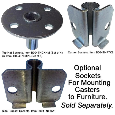 Image showing three types of sockets for mounting casters to furniture: top hat sockets, corner sockets, and side bracket sockets.