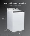 Efficient 4.4 cu ft top load washer with a triple-action agitator, front view showing dimensions in cubic feet capacity, ideal for large households.
