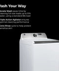 Efficient 4.4 cu ft top load washer with a triple-action agitator, displaying controls, designed for faster laundry cycles