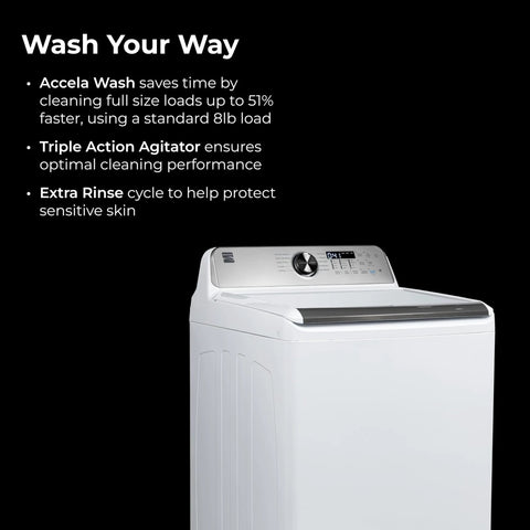 Efficient 4.4 cu ft top load washer with a triple-action agitator, displaying controls, designed for faster laundry cycles