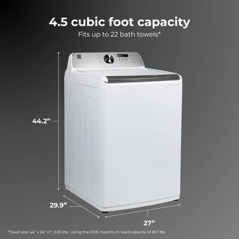 Efficient top load washer with a 4.5 cu ft capacity and triple action impeller delivers tough stain cleaning side view.