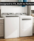Efficient 4.4 cu ft top load washer with a triple-action agitator installed next to a dryer in a modern laundry room.