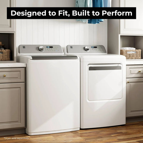 Efficient 4.4 cu ft top load washer with a triple-action agitator installed next to a dryer in a modern laundry room.