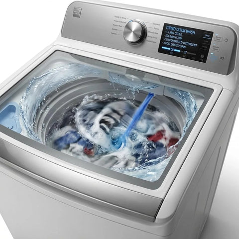 4.5 Cu Ft Top Load Washer With Triple Action Impeller For Tough Dirt And Stains Reducing Laundry Time With Accela Wash And Express Wash Energy Star Efficient Performance Ideal For Family Laundry Rooms Apartments And Dorms, showing washing cycle in progress