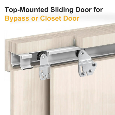 Sliding Closet Door Roller Kit With 48 Inch Track For Top Hung Bypass Doors, stamped steel construction and ball bearing wheels
