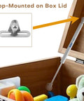 Two Pack Soft Close Toy Box Hinges With 150N Gas Strut for heavy curved lids installed on box, showing hinge and wooden box with toys.