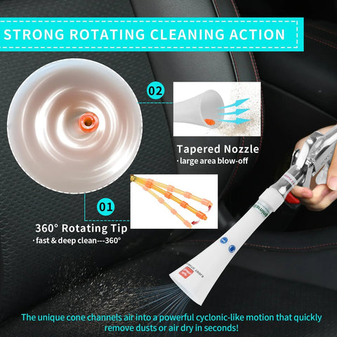 Powerful tornado dry cleaning gun blasts dirt and dust from car interiors with a brass adjustable air flow nozzle, 360 Degree swivel, aluminum body, and easy connection to a standard air compressor for efficient, thorough cleaning.