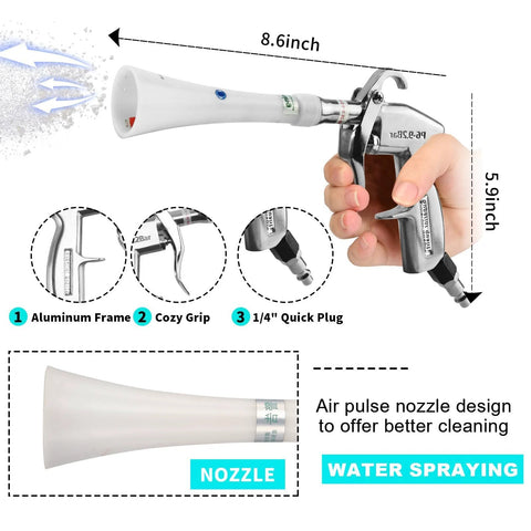 Powerful tornado dry cleaning gun blasts dirt and dust from car interiors with a brass adjustable air flow nozzle