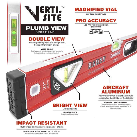 Side view of Three Piece Torpedo Level Set With 9, 24, And 48 Inch Aluminum Levels Built Tough For Any Job Site featuring Verti-Site.