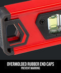 Close-up of 9 inch magnetic torpedo level with rubber end caps and magnified vial.