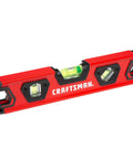 9 inch magnetic torpedo level with Craftsman branding, three vials for accurate measurements, shock absorbing end caps, and durable red design.