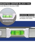 Pro Grade Torpedo Level with magnified center block vial and convex design for precision. WORKPRO branding visible.