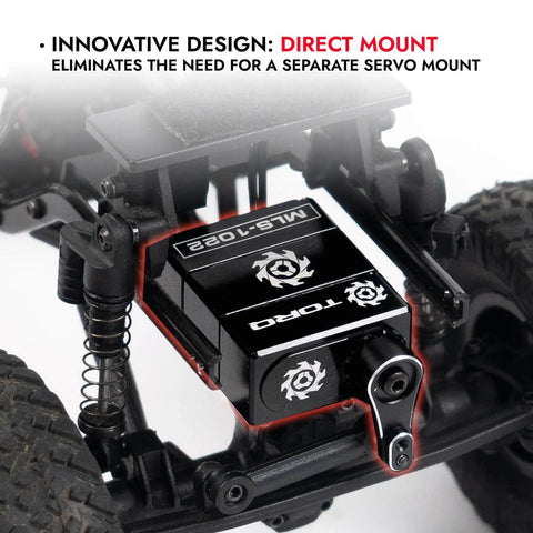 High Torque Micro Servo 5.0V - 8.4V with CNC Servo Mounts & Arms installed on RC crawler vehicle, close-up view