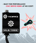 High Torque Micro Servo 5.0V - 8.4V with CNC Servo Mounts & Arms, black servo with model MLS-1022 marked on it.