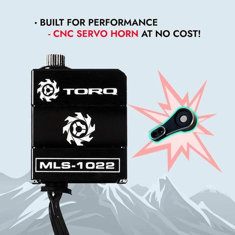 High Torque Micro Servo 5.0V - 8.4V with CNC Servo Mounts & Arms, black servo with model MLS-1022 marked on it.