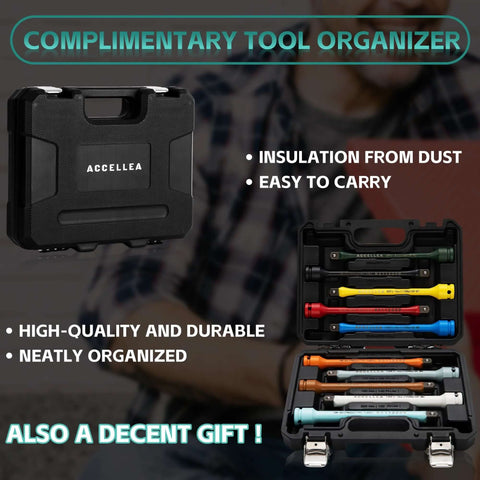 Open storage case with 10-Piece Torque Limiting Extension Bar Set 1/2" Drive 8" Long 65-150 Ft-lbs CR-MO SAE Standard color-coded bars