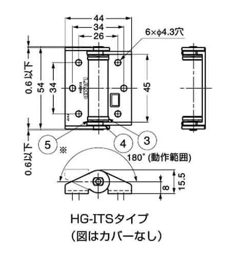 Technical diagram of Sugatsune HG-ITS25 Torque Hinge Stainless Steel With Free Stop Design 2.5 Nm 180 Degree Opening
