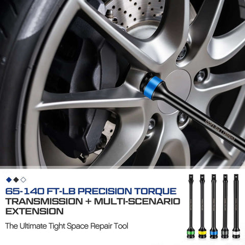 1/2'' Drive Torque Limiting Extension Bar Set (5 Piece) Lug Nut Torque Sticks in use for wheel installation, 65-140 Ft-lbs