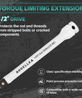 Close-up of 1/2" drive torque limiting extension bar with clear markings, part of 10-Piece Torque Limiting Extension Bar Set, 65-150 Ft-lbs, CR-MO, SAE.