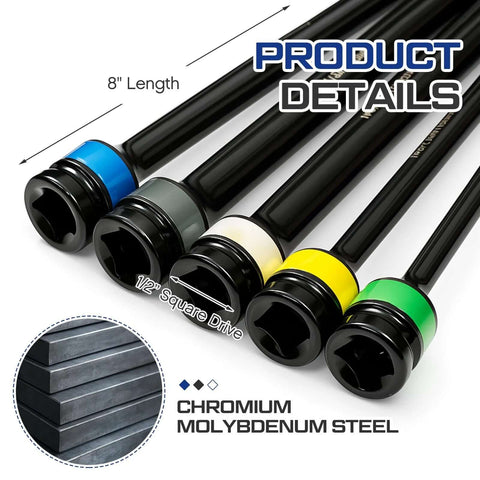 1/2'' Drive Torque Limiting Extension Bar Set (5 Piece) with color-coded torque sticks in a row, 8" length steel bars