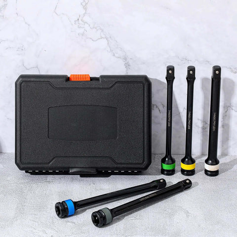 1/2'' Drive Torque Limiting Extension Bar Set (5 Piece) Lug Nut Torque Sticks with Storage Case displayed on table