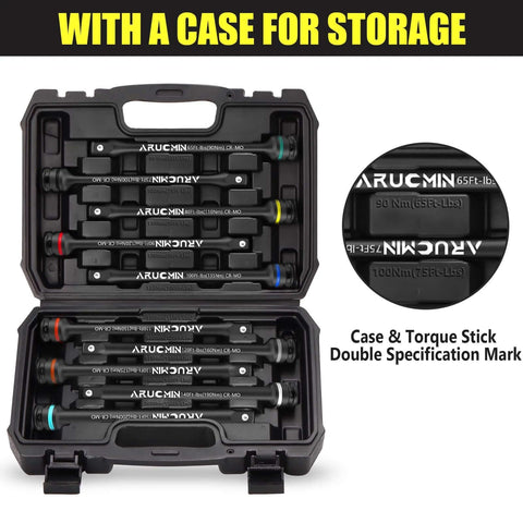 Open case displaying 1/2" Drive Torque Limiting Extension Bar Set, 10-Piece Lug Nut Torque Stick Set With 8 Inch Color-Coded 65 to 150 Ft-Lbs Torque Sticks.