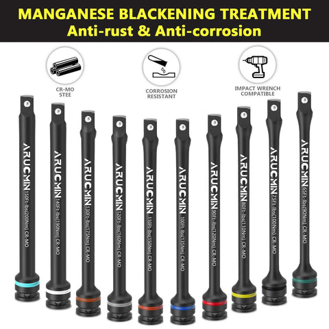 1/2" Drive Torque Limiting Extension Bar Set, 10-Piece Lug Nut Torque Stick Set With 8 Inch Color-Coded 65 to 150 Ft-Lbs Torque Sticks