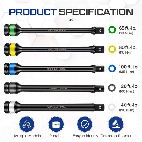 1/2'' Drive Torque Limiting Extension Bar Set (5 Piece) Lug Nut Torque Sticks with color-coded torque levels displayed.