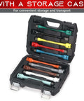 Open case showing 1/2" Drive Torque Limiting Extension Bar Set, 10-Piece Impact Torque Limiter Set with 8 Inch Color-Coded CR-MO Torque Sticks
