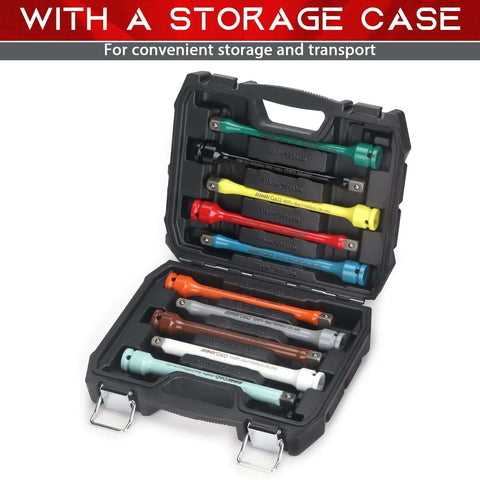 Open case showing 1/2" Drive Torque Limiting Extension Bar Set, 10-Piece Impact Torque Limiter Set with 8 Inch Color-Coded CR-MO Torque Sticks