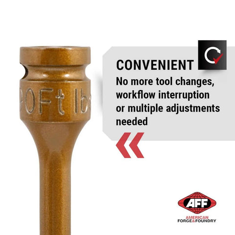 Torque Limiting Extension 1/2" Drive 90 ft/lbs - Gold- 40091, close-up of gold finish with text emphasizing convenience