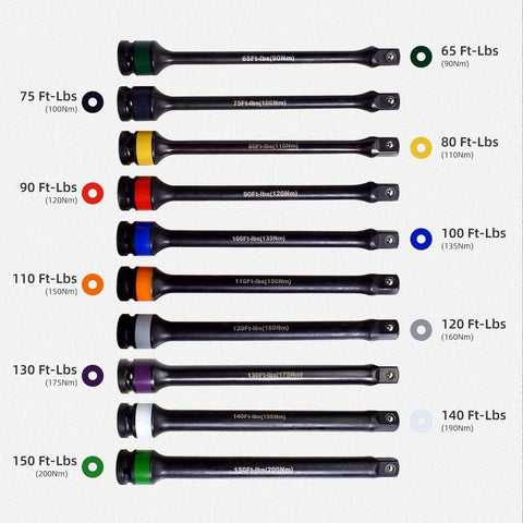 10pc 1/2" Drive Torque Limiting Extension Stick Set with 8" 65-150 ft.-lb. Impact Torque Sticks color coded for lug nut safety