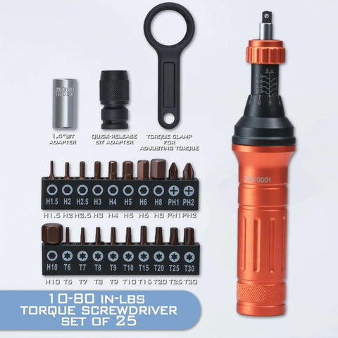 Torque Screwdriver Wrench Driver Set 10-80 Inch Pounds with 20 Steel Bits, Quick-release Bit Adaptor, 1/4” Bit Adaptor, Quick Clamp