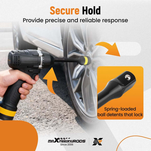 Using Torque Stick, 10 Piece 1/2" Drive Torque Limiting Extension Bar Set on car wheel for secure lug nut torque control.