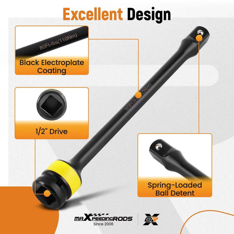 Torque Stick, 10 Piece 1/2" Drive Torque Limiting Extension Bar with black coating and 1/2" drive for automotive repair