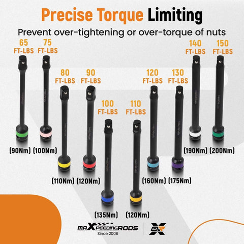 Torque Stick, 10 Piece 1/2" Drive Torque Limiting Extension Bar Set, color-coded 65 to 150 Ft-Lbs, for automotive repair use