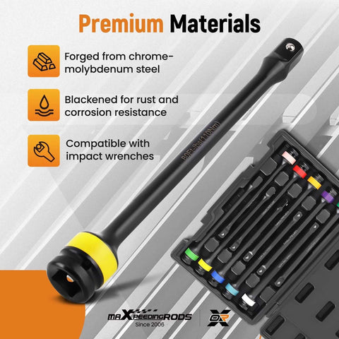 Torque Stick, 10 Piece 1/2" Drive Torque Limiting Extension Bar Set shown with chrome-molybdenum steel and color-coded design.