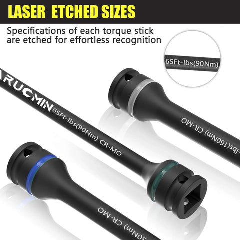 Laser-etched 1/2" Drive Torque Limiting Extension Bar Set, 10-Piece Lug Nut Torque Stick Set with color-coded 65 to 150 ft-lbs sticks.