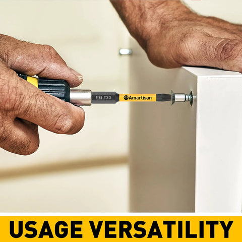 Person using Torx Bit Set For Security And Tamper Resistant Fasteners 24 Piece S2 Steel Driver Bits In 1 Inch And 2 Point 3 Inch Lengths T5 Through T40 Durable Pro Grade Tool Kit Essential Amartisan on a screw