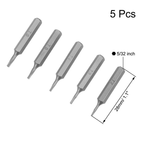 Torx Bits Set 5pcs 5/32 Inch Hex Shank T2 T3 T4 T5 T6 Screwdriver Bit Set 28mm Length S2 Screw Driver Kit Tools image showing 5 bits