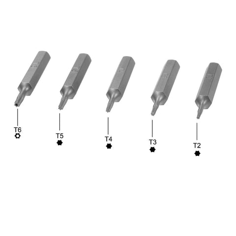 Torx Bits Set 5pcs 5/32 Inch Hex Shank T2 T3 T4 T5 T6 Screwdriver Bit Set 28mm Length S2 Screw Driver Kit Tools